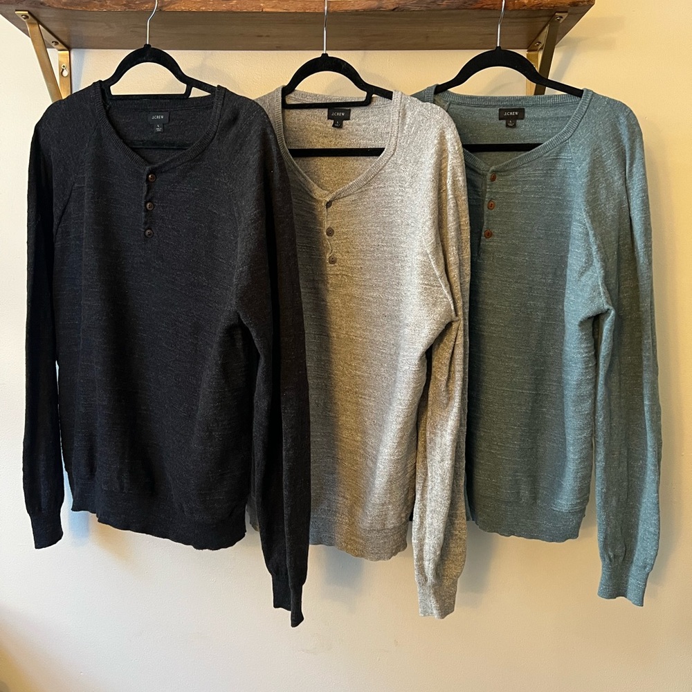 J Crew Men’s Cotton Crew Neck Henley Sweater Size L - Teal